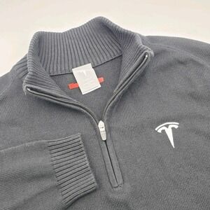 Tesla Men's Size L Black Embroidered Logo Knit 1/4 Zip Mockneck Pullover Sweater